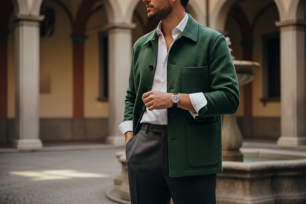 محط أنظار أسبوع الموضة في ميلانو: معادلة "الأناقة العفوية" بدمج سترة العمل (Chore Jacket) مع القميص الكلاسيكي